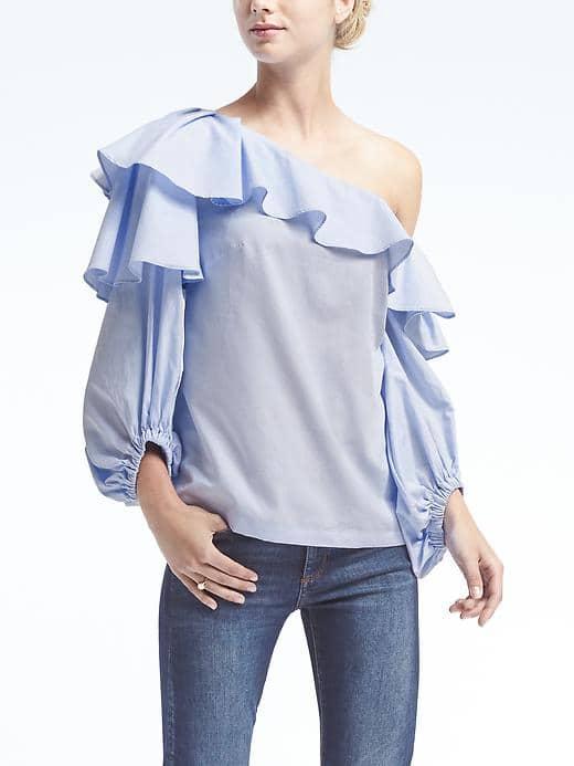 Banana Republic Womens One Shoulder Poplin Top - Blue Stripe