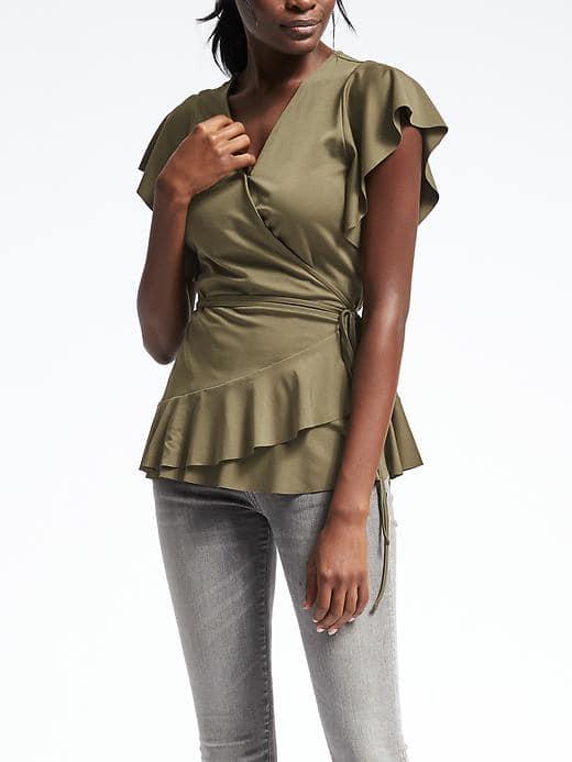 Banana Republic Womens Short Sleeve Ruffle Wrap Top - Kale
