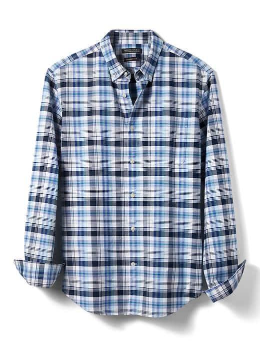 Banana Republic Mens Camden Fit Plaid Mechanical Stretch Oxford Shirt - Green