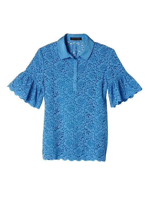 Banana Republic Flutter Sleeve Lace Polo Shirt - Slalom Blue