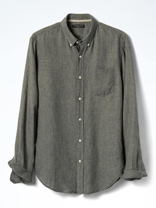 Banana Republic Mens Camden Fit Saturated Linen Shirt - Dark Green Heather
