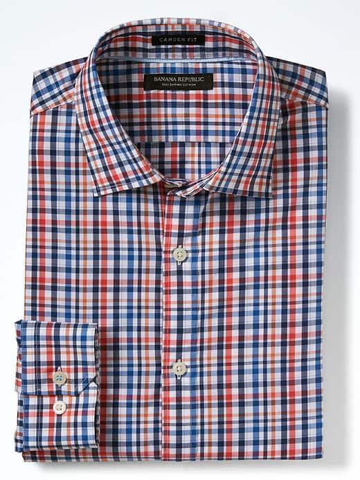 Banana Republic Mens Camden Fit Supima Tri Color Plaid Shirt - Red Carnival