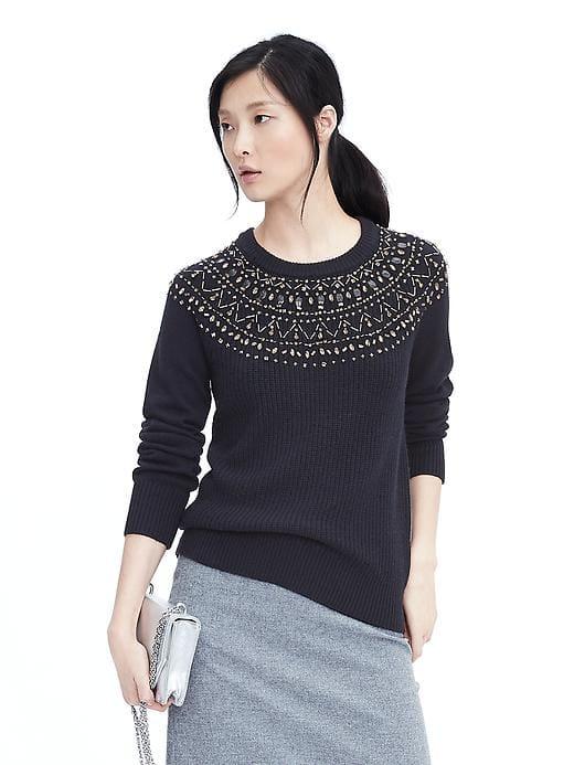 Banana Republic Womens Fair Isle Embellished Sweatshirt - Preppy Navy