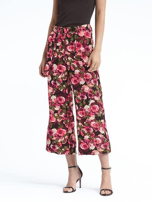 Banana Republic Womens Blake Fit Floral Belted Wide Leg Crop Pant - Black