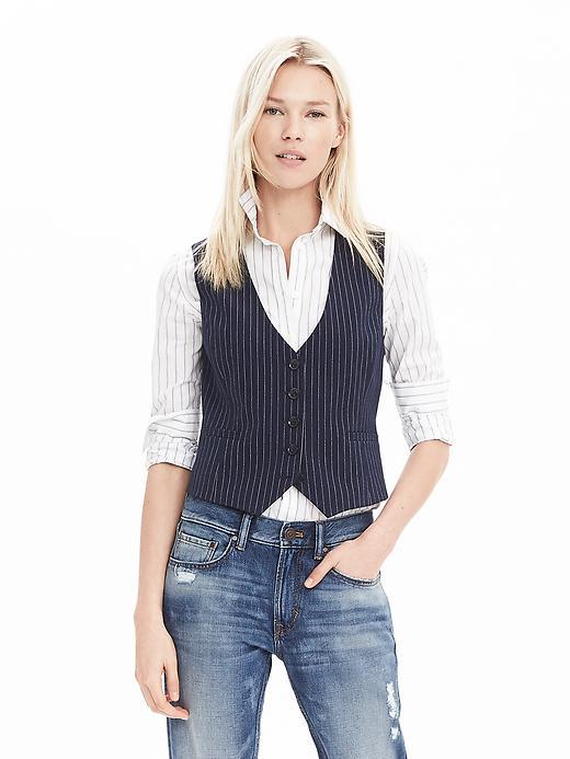 Banana Republic Womens Pinstripe Vest Size 2 Tall - Preppy Navy