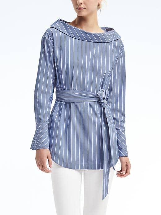 Banana Republic Womens Stripe Button Back Belted Shirt - Deep Royal