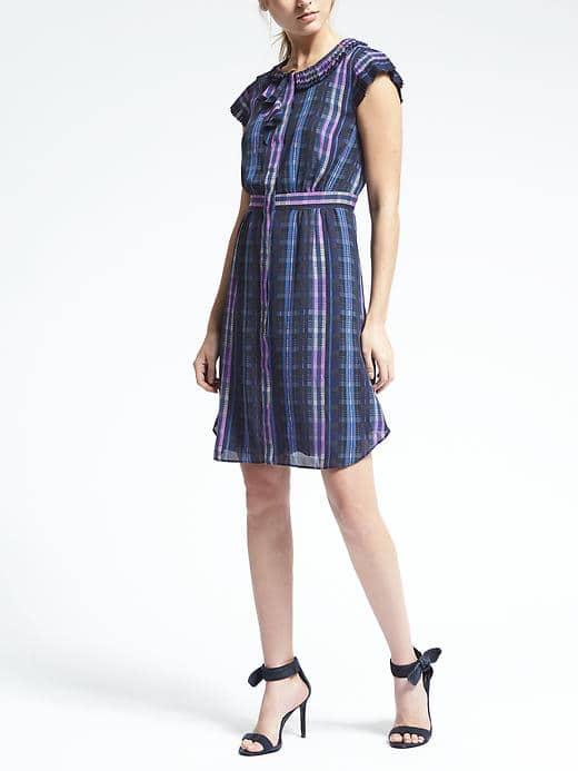 Banana Republic Womens Plaid Ruffle Sleeve Dress - Plaid