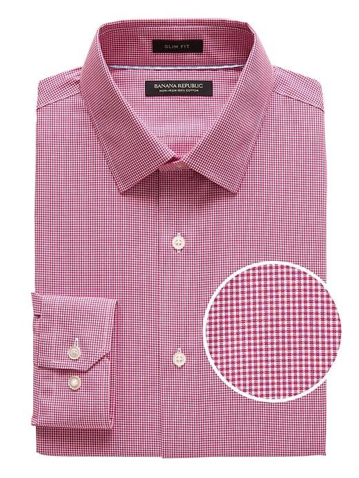 Banana Republic Mens Grant Slim-fit Non-iron Gingham Dress Shirt Cheeky Pink Size Xxs