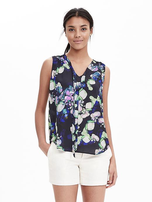 Banana Republic Floral Tie Neck Sleeveless Blouse Size L Petite - Preppy Navy