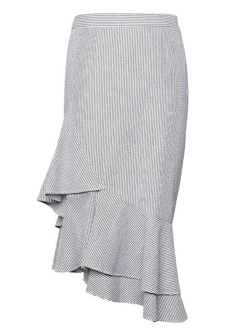 Banana Republic Womens Seersucker Asymmetric Ruffle-hem Skirt Blue Stripe Size 6