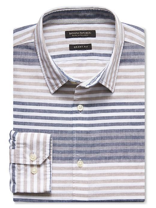 Banana Republic Mens Grant Fit Multi Stripe Cotton Linen Shirt Size L Tall - Neutral Twig