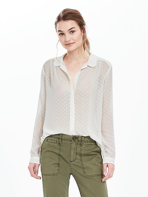 Banana Republic Dot Print Round Collar Blouse Size L Petite - Cocoon