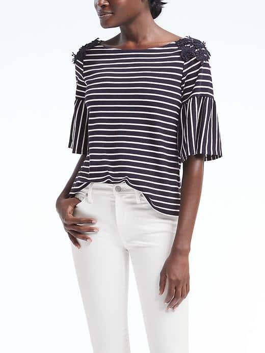 Banana Republic Womens Lace Flutter Sleeve Top - Navy