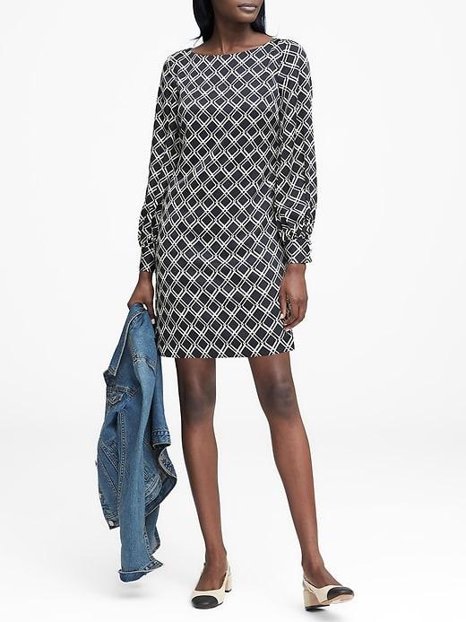 Banana Republic Womens Print Poet-sleeve Shift Dress Navy Blue Print Size 12