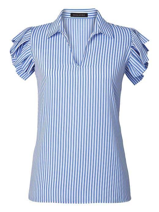 Banana Republic Womens Stripe Ruffle Sleeve Keyhole Polo - French Blue