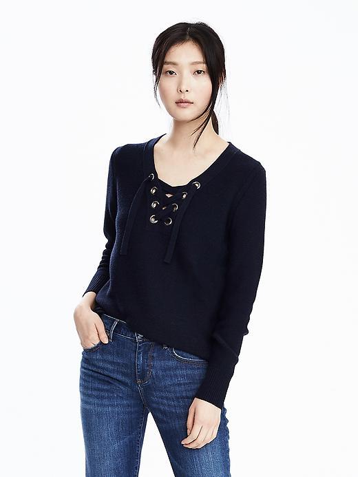 Banana Republic Lace Up Vee Pullover Size L - Preppy Navy