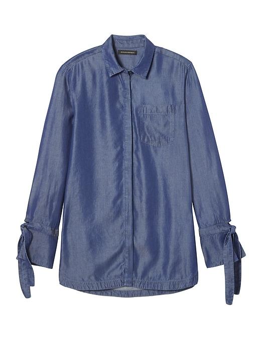 Banana Republic Womens Parker Tunic-fit Tencel Chambray Tie-cuff Shirt Rinse Size M