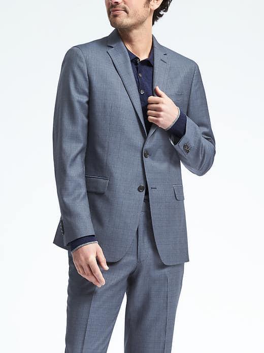 Banana Republic Mens Slim Blue Plaid Wool Suit Jacket - Blue