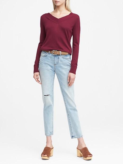 Banana Republic Womens Silk Cashmere Varsity V-neck Sweater Burgundy Size L