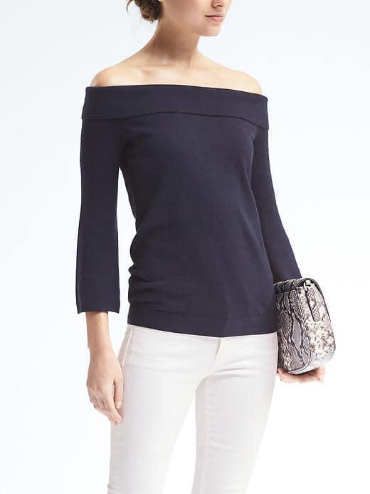 Banana Republic Womens Pima Cotton Cashmere Off Shoulder Pullover - Navy
