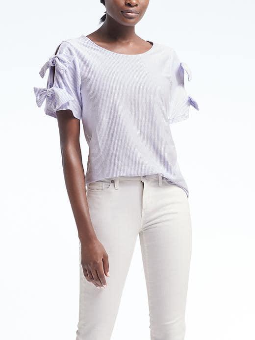 Banana Republic Womens Stripe Bow Sleeve Couture Tee - French Blue