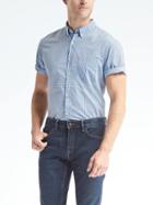 Banana Republic Mens Grant Fit Custom Wash Micro Gingham Short Sleeve Shirt - Blue Tropic