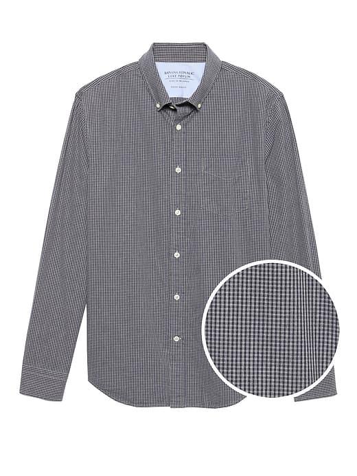 Banana Republic Mens Grant Slim-fit Luxe Poplin Plaid Shirt Blue Gray Size L
