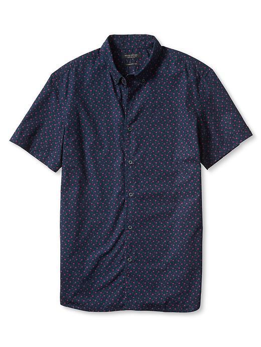 Banana Republic Mens Camden Fit Print Short Sleeve Custom 078 Wash Shirt Size L Tall - Preppy Navy