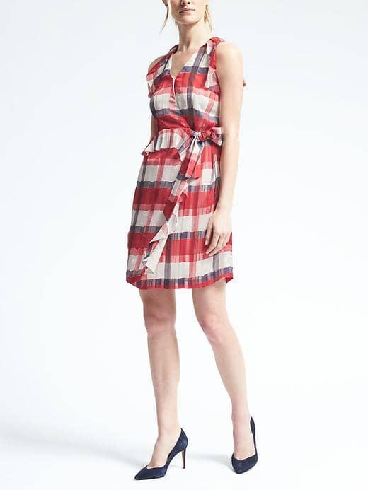 Banana Republic Womens Plaid Ruffle Wrap Dress - Red Print