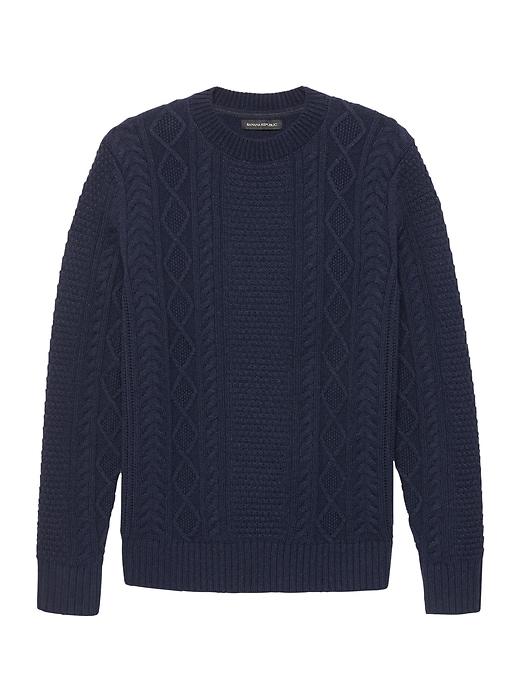 Banana Republic Mens Italian Merino Wool Blend Cable-knit High Crew-neck Sweater Navy Blue Size L