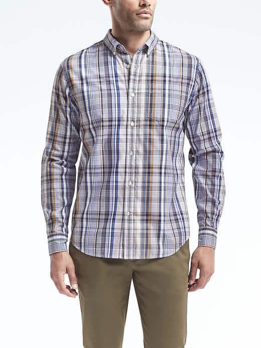 Banana Republic Mens Camden Fit Cotton Stretch Pinpoint Plaid Oxford Shirt - Navy Star
