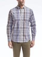 Banana Republic Mens Camden Fit Cotton Stretch Pinpoint Plaid Oxford Shirt - Navy Star