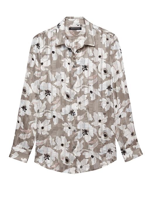 Banana Republic Womens Dillon Classic-fit Sheer Floral Stripe Shirt Taupe Floral Size S
