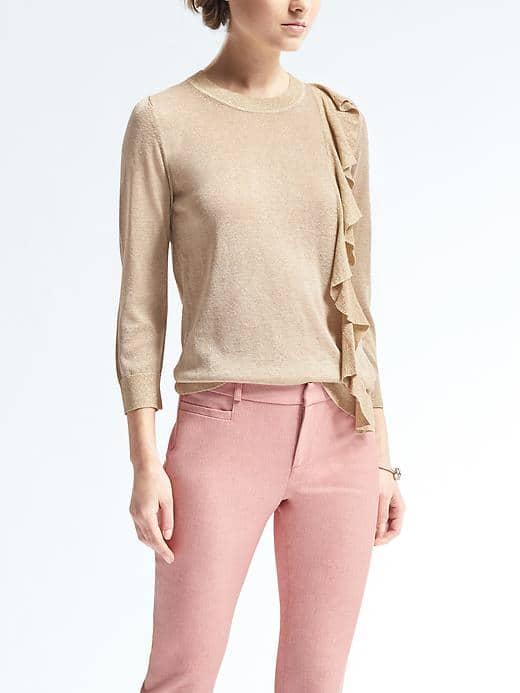 Banana Republic Womens Shine Ruffle Front Pullover - Gold Lichen