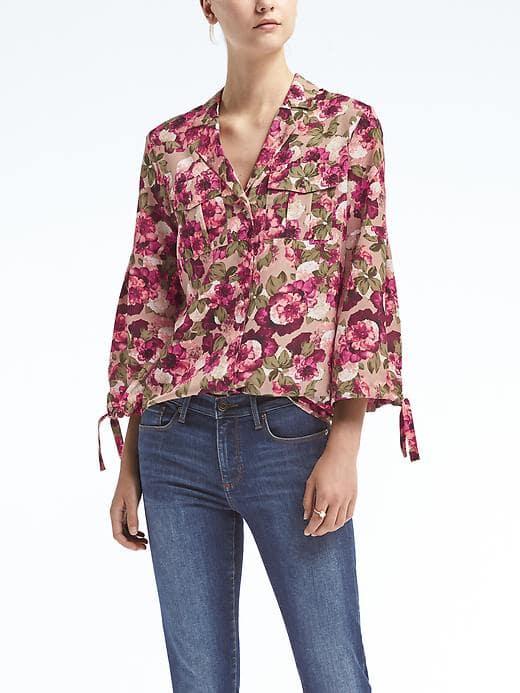 Banana Republic Womens Dillon Fit Floral Poet Sleeve Shirt - Sand