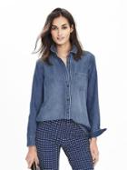 Banana Republic Destructed Denim Shirt Size L Petite - Black Plaid