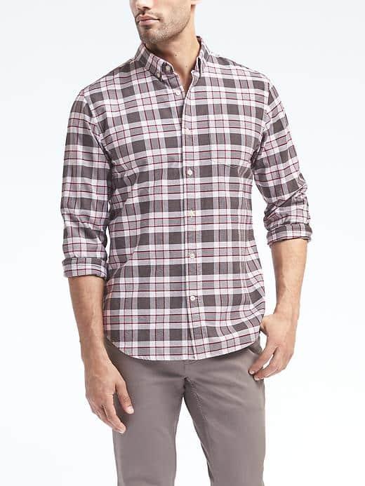 Banana Republic Mens Camden Fit Cotton Stretch Plaid Oxford Shirt - Heather Gray