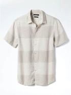 Banana Republic Mens Camden Fit Block Stripe Linen Short Sleeve Shirt - Moroccan Step