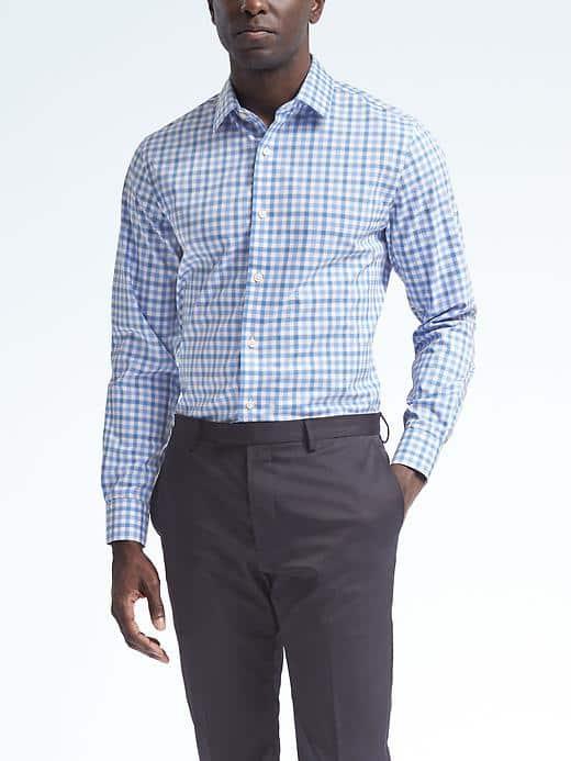 Banana Republic Mens Grant Fit Cotton Stretch Non Iron Tri Tone Shirt - Harbor Blue