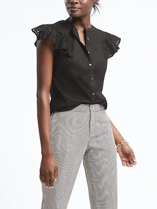 Banana Republic Womens Riley Fit Eyelet Flutter Sleeve Shirt - Black