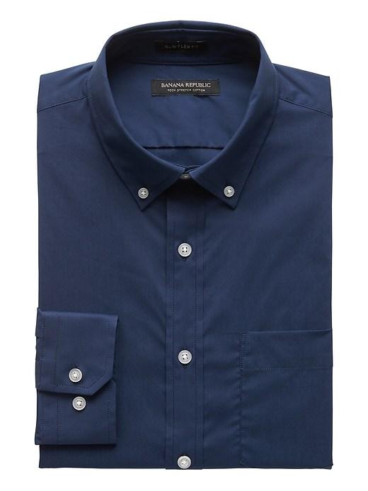 Banana Republic Mens New Slim-fit Tech-stretch Cotton Solid Shirt True Navy Size M