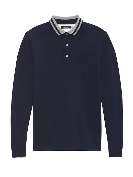 Banana Republic Mens Don';t-sweat-it Long-sleeve Stripe-collar Polo Shirt Navy Size Xs