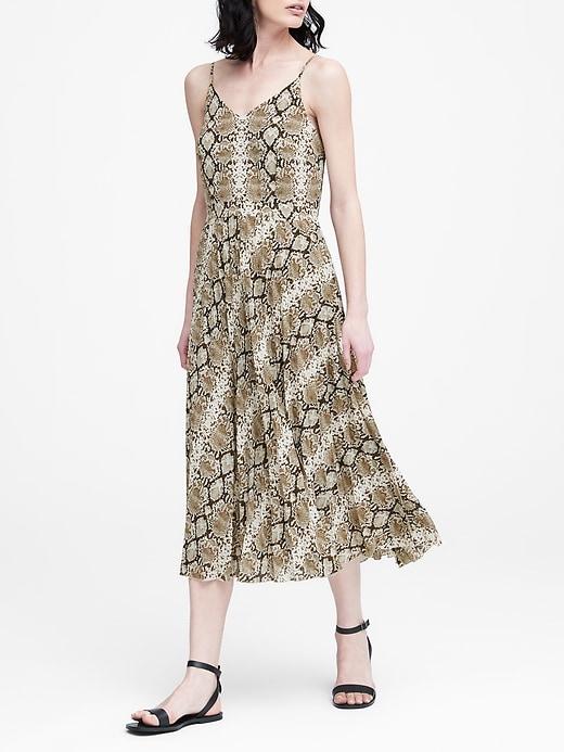 Banana Republic Snake Print Pleated Midi Dress