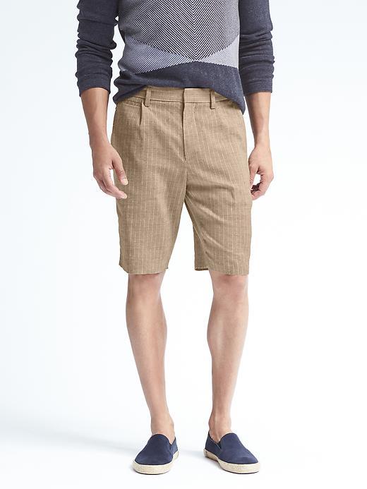 Banana Republic Mens Emerson Fit Khaki Plated Linen Stripe Short - Khaki