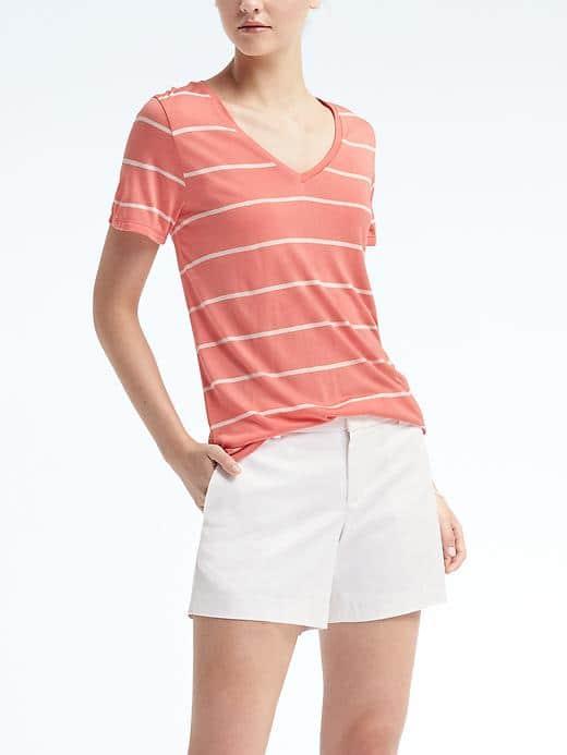 Banana Republic Womens Short Sleeve Stripe Modal Vee Tee - Coral Glory