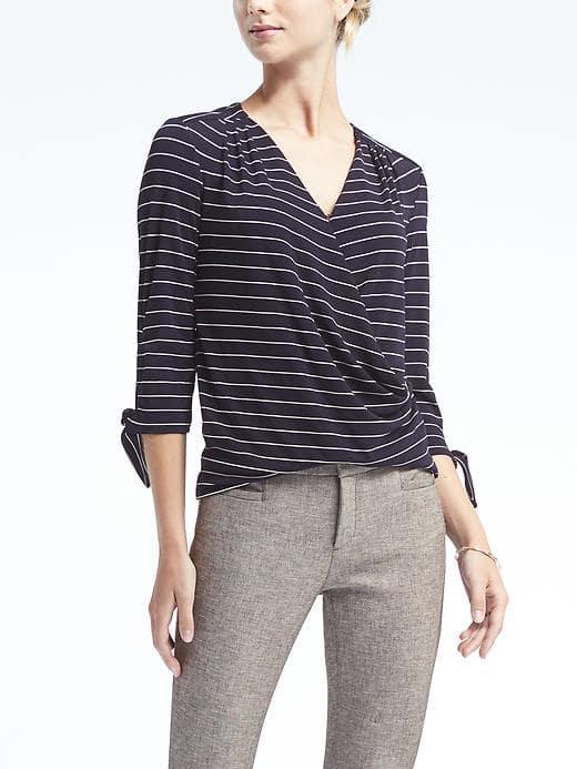 Banana Republic Womens Stripe Tie Sleeve Wrap Effect Top - Navy