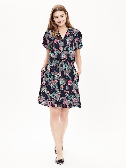 Banana Republic Print Belted Flounce Shirtdress Size 0 Petite - Preppy Navy