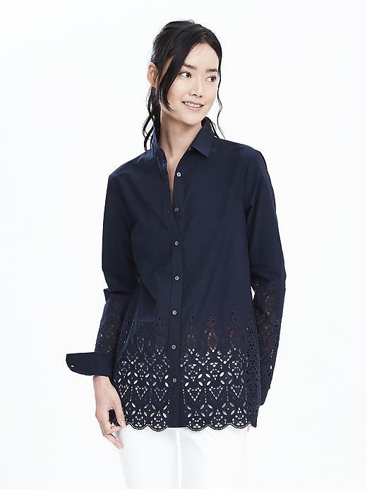 Banana Republic Womens Scallop Hem Eyelet Shirt Size L - Preppy Navy