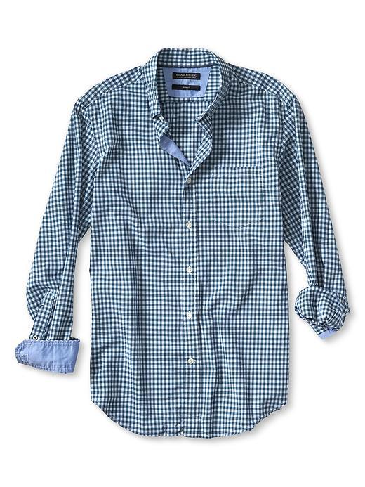 Banana Republic Mens Slim Fit Custom 078 Wash Teal Gingham Oxford Size L Tall - Graphite