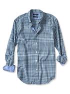 Banana Republic Mens Slim Fit Custom 078 Wash Teal Gingham Oxford Size L Tall - Graphite